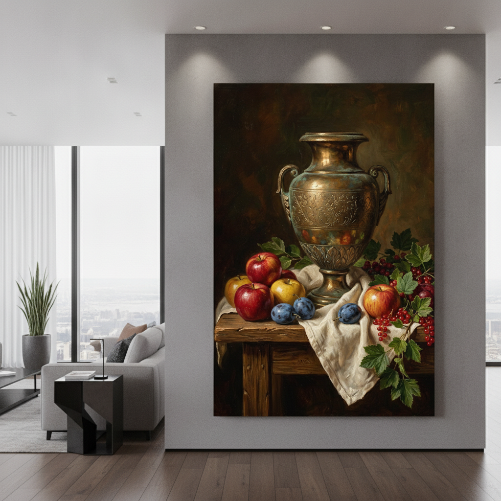 Ornate Brass Urn with Apples & Plums