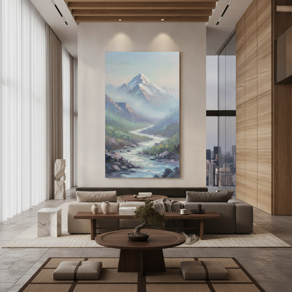 Misty Blue Mountain River Landscape Painting