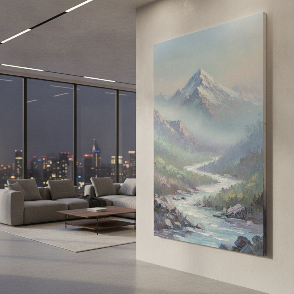 Misty Blue Mountain River Landscape Painting