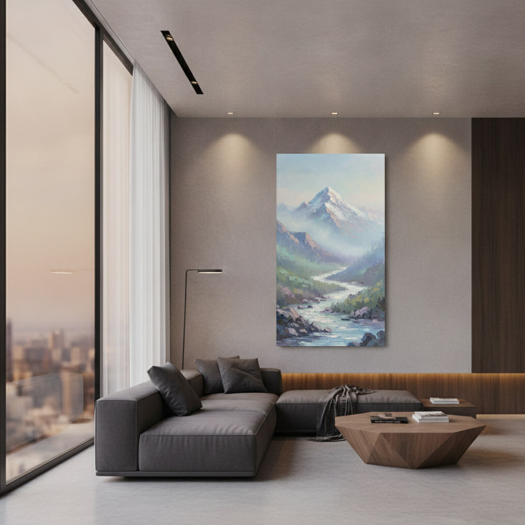 Misty Blue Mountain River Landscape Painting