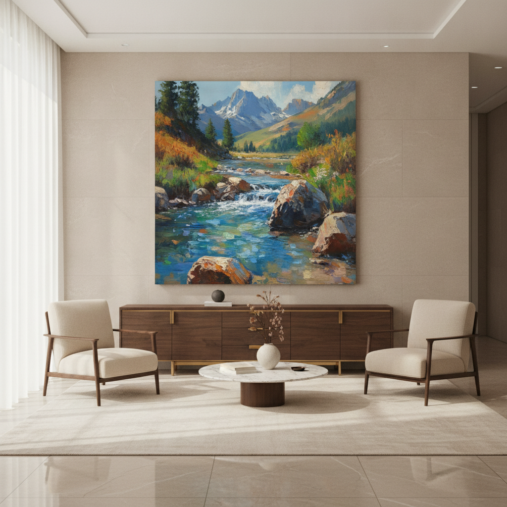 Vivid Alpine River Autumn Painting