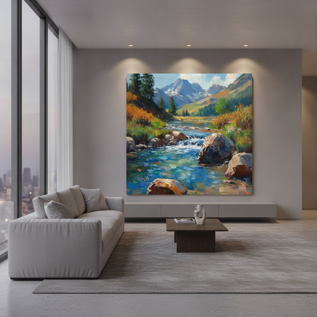 Vivid Alpine River Autumn Painting