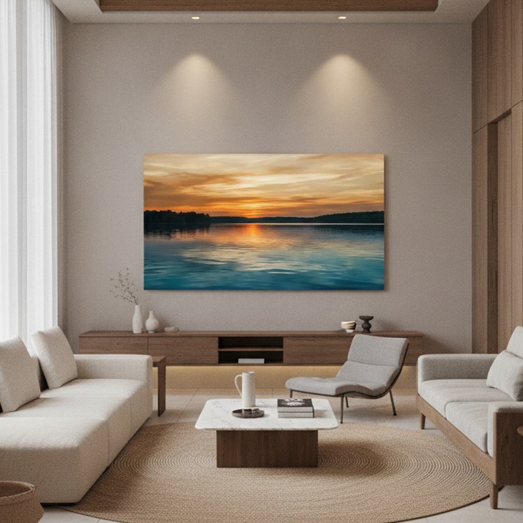 Lake Sunset Golden Sky Nature Painting