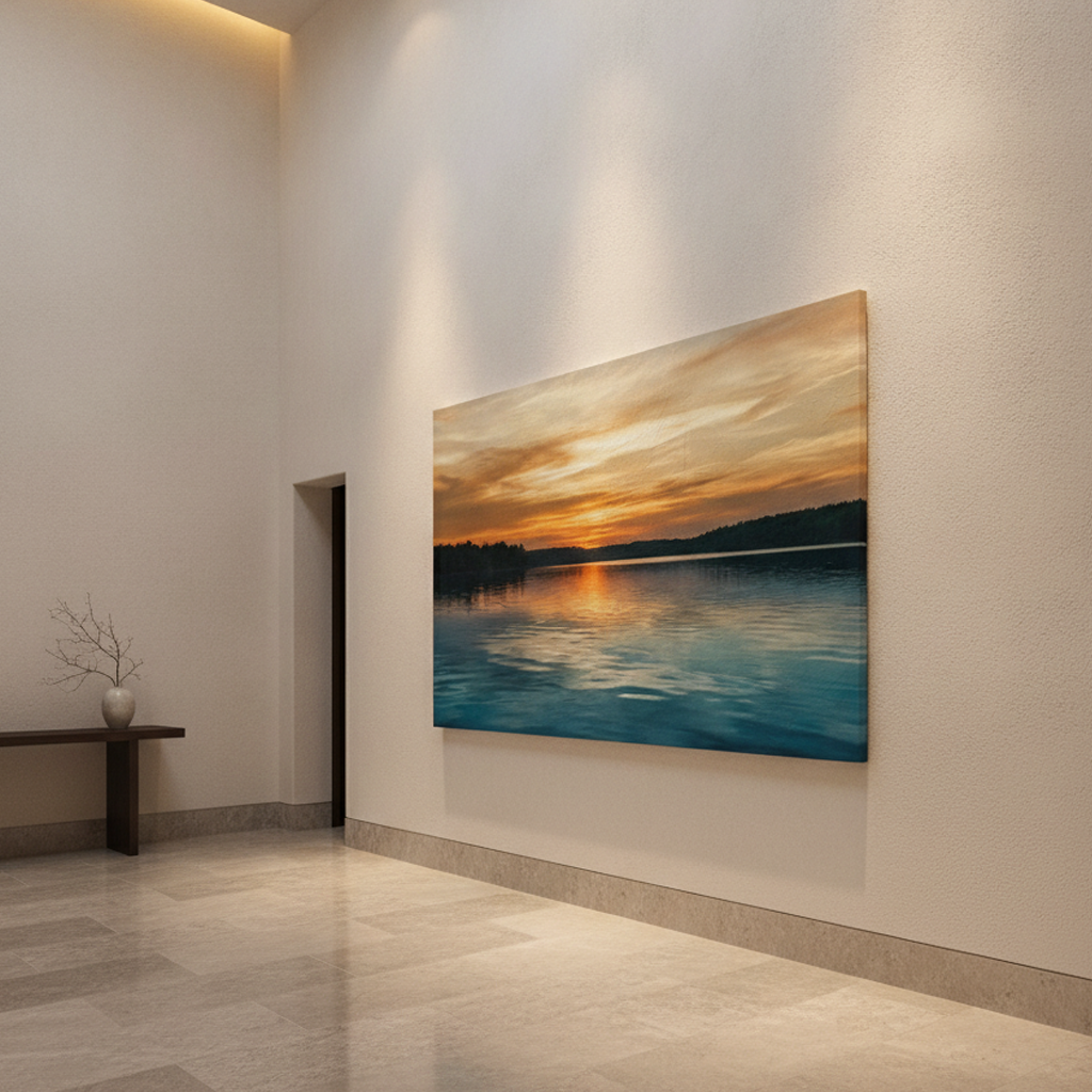 Lake Sunset Golden Sky Nature Painting