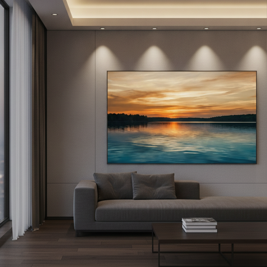 Lake Sunset Golden Sky Nature Painting