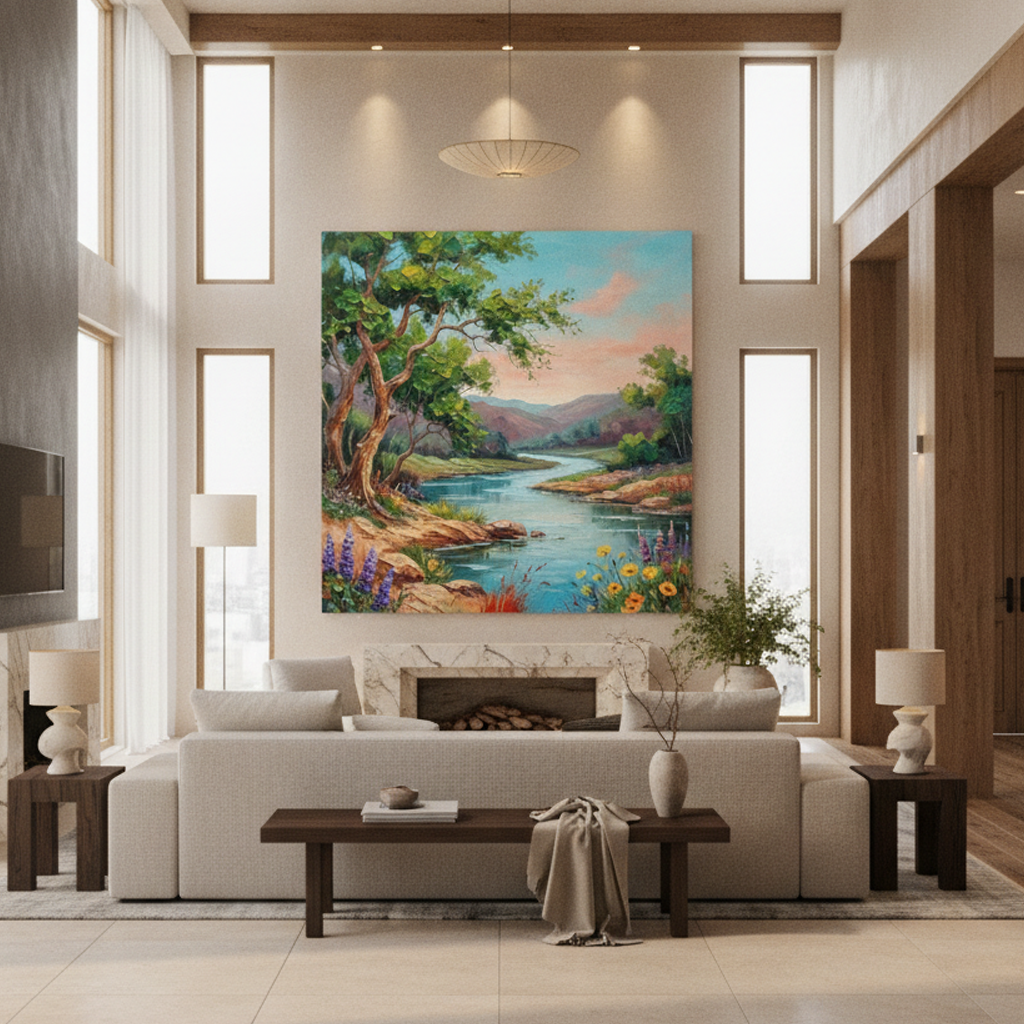 Colorful Riverside Tree Wildflower Painting