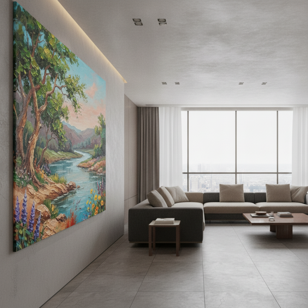 Colorful Riverside Tree Wildflower Painting