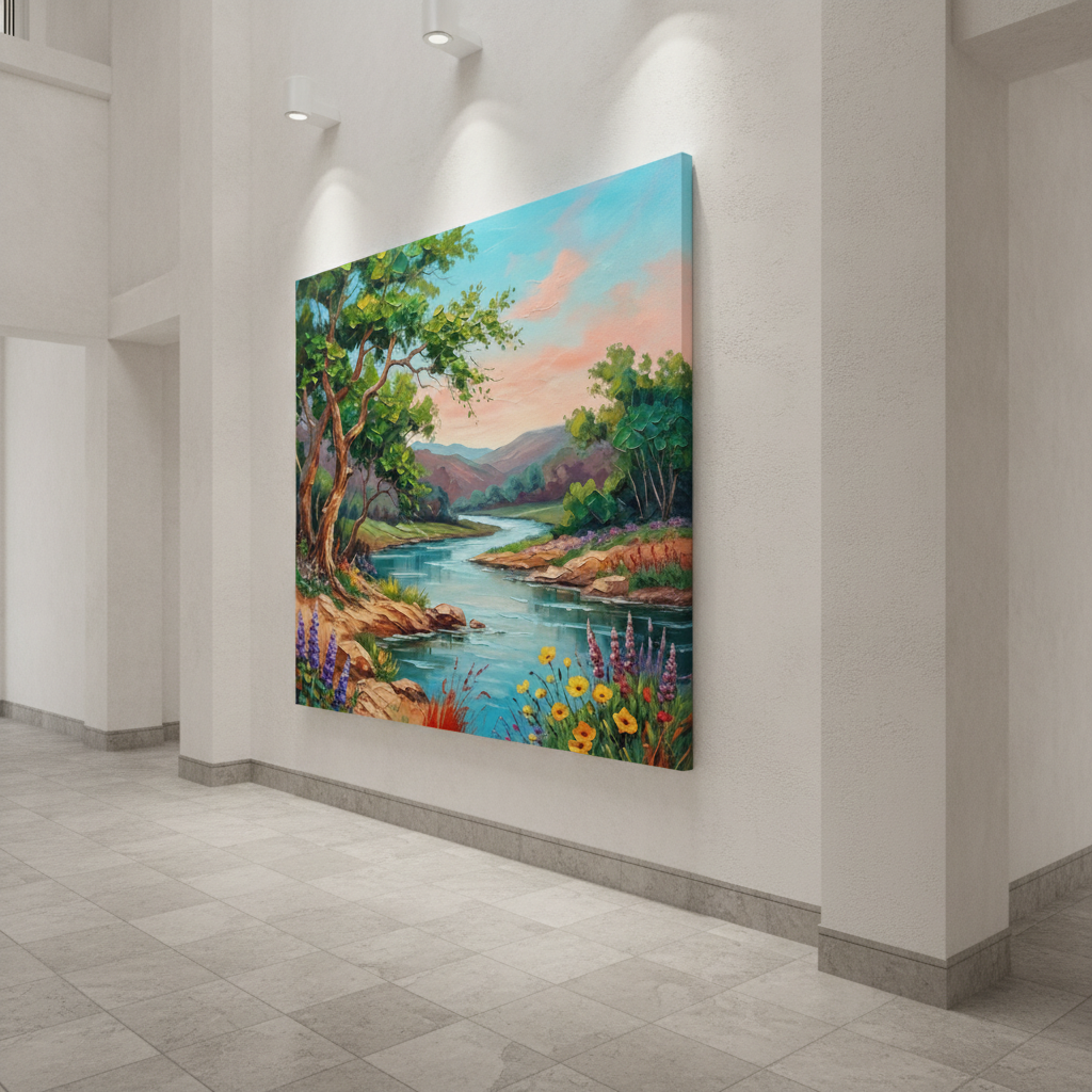 Colorful Riverside Tree Wildflower Painting
