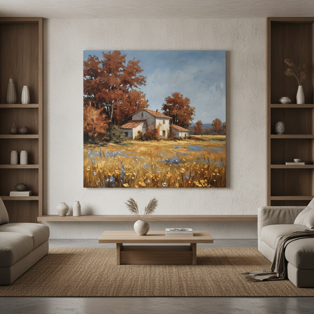 Autumn Farmhouse Wildflower Field Painting