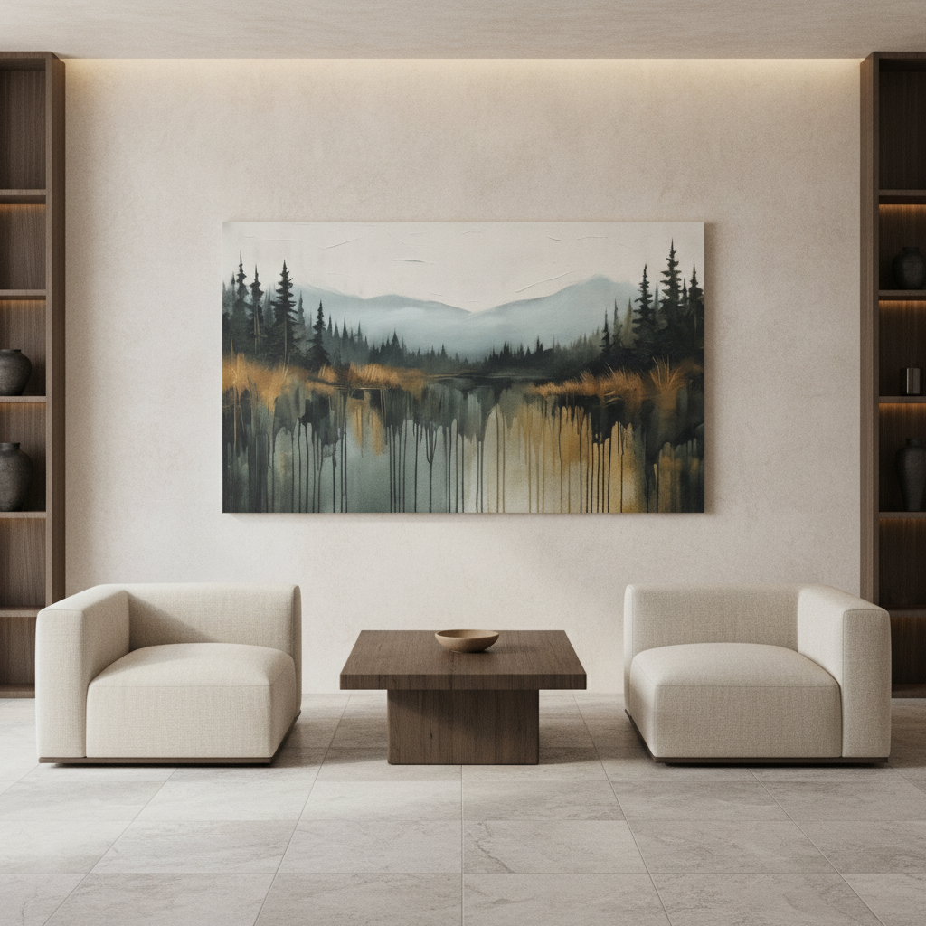 Dark Forest Lake Gold Drip Painting