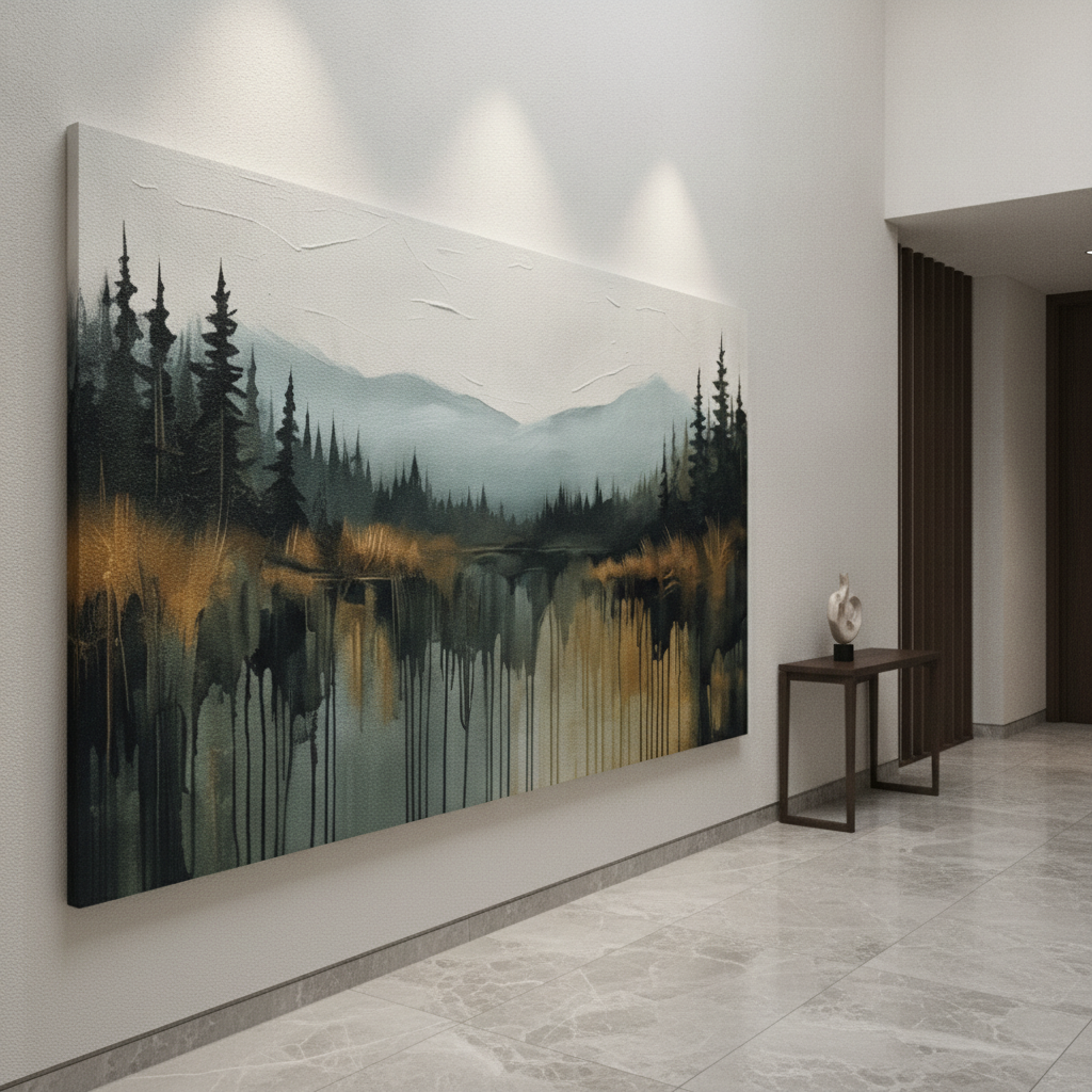 Dark Forest Lake Gold Drip Painting