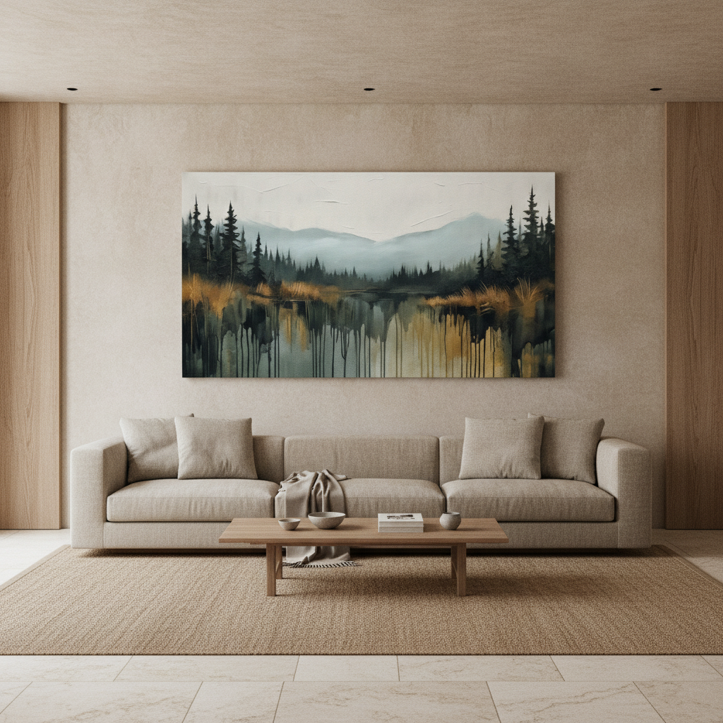 Dark Forest Lake Gold Drip Painting