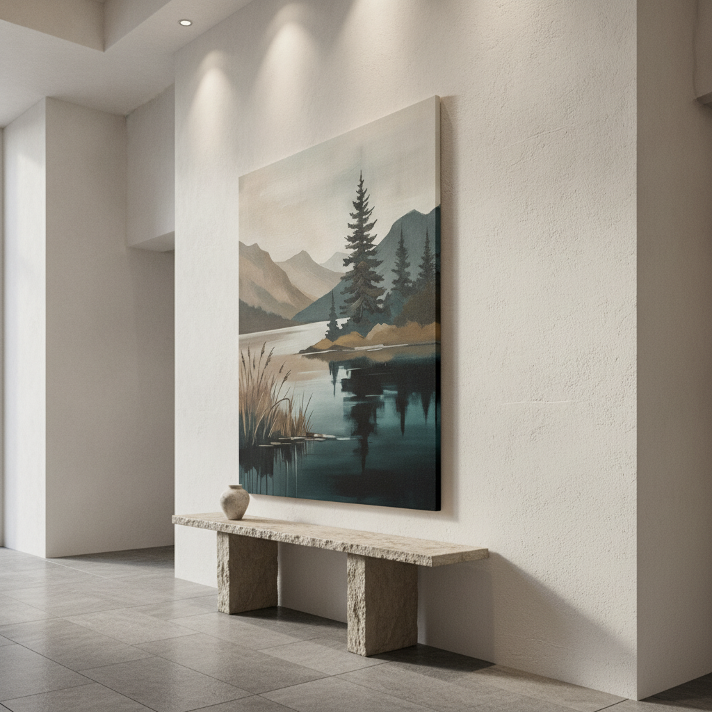 Teal Lake Pine Mountain Minimal Painting
