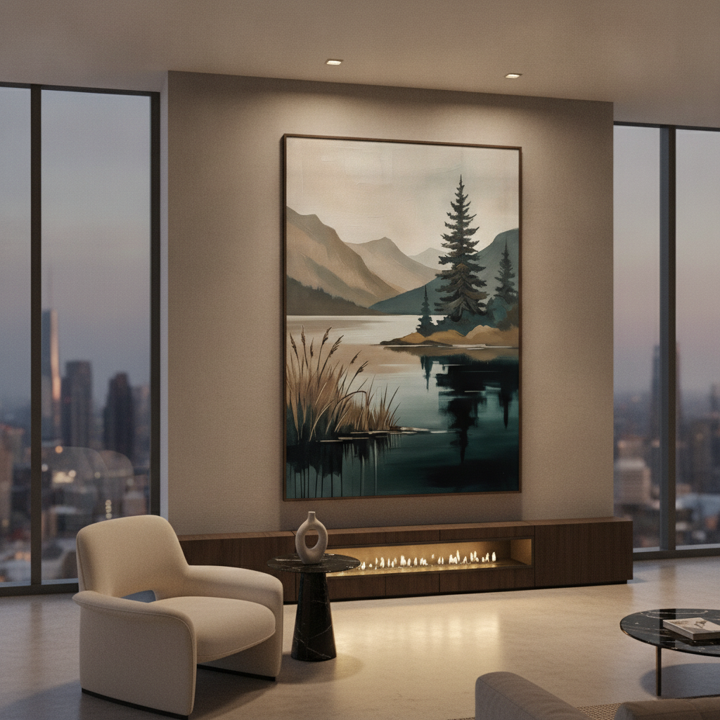 Teal Lake Pine Mountain Minimal Painting