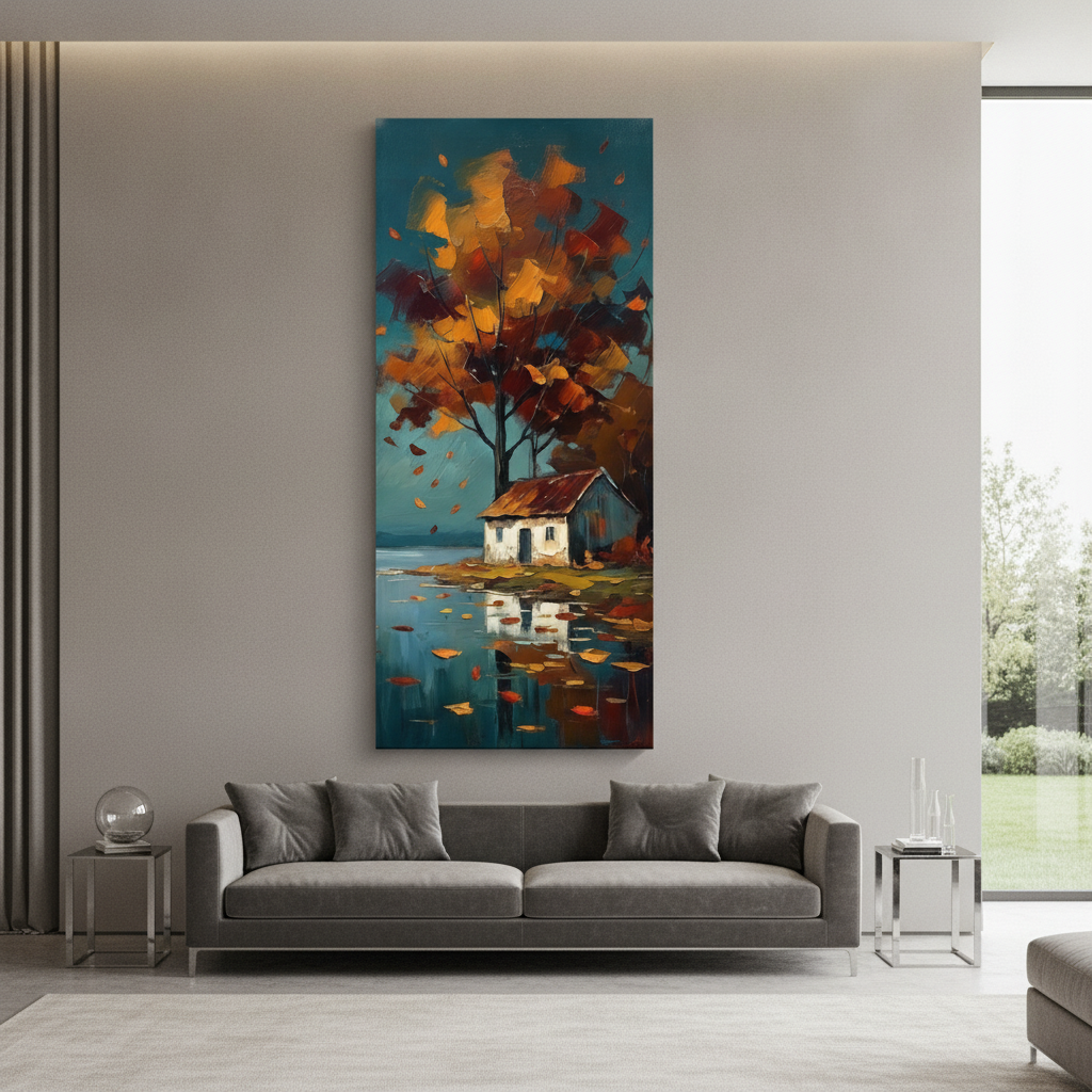 Autumn Cottage Lake Reflection Painting