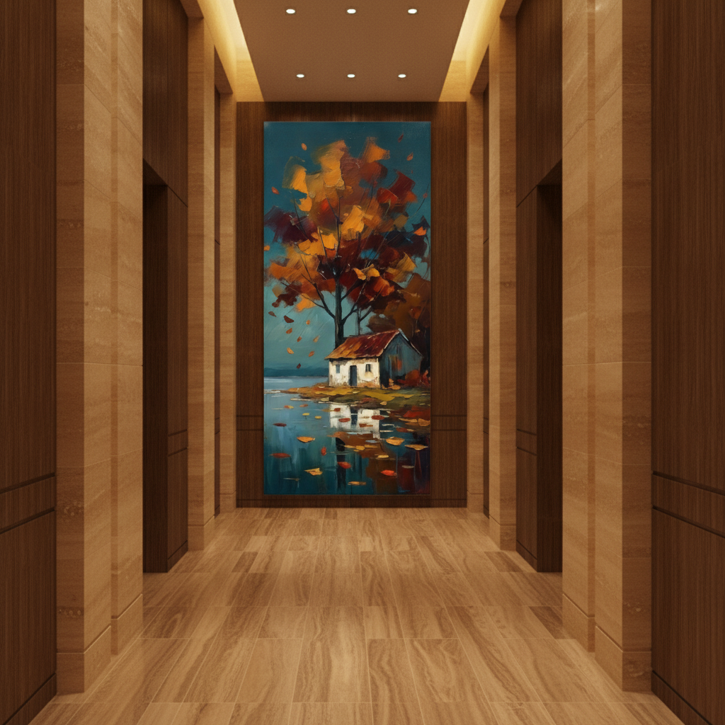 Autumn Cottage Lake Reflection Painting