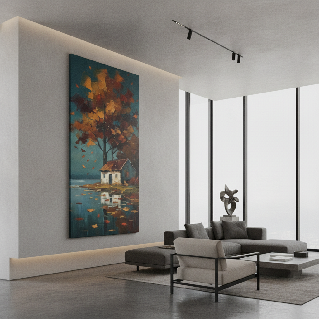 Autumn Cottage Lake Reflection Painting