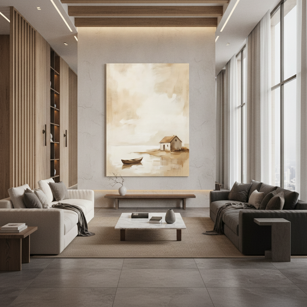 Beige Minimal Cottage & Boat Painting