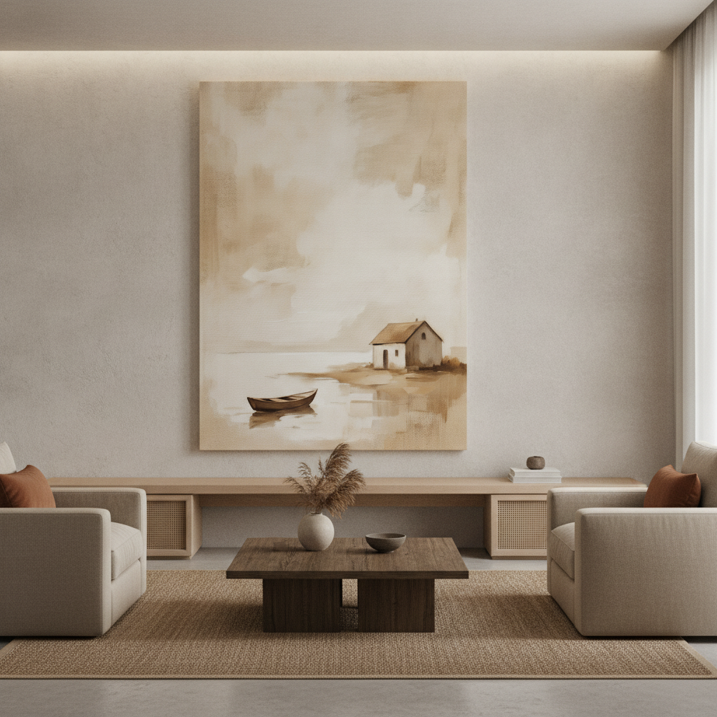 Beige Minimal Cottage & Boat Painting