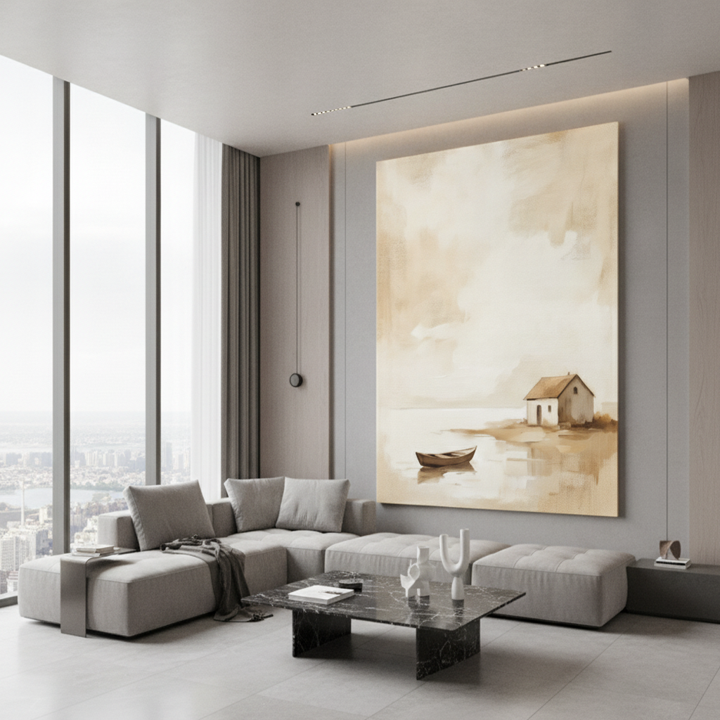 Beige Minimal Cottage & Boat Painting