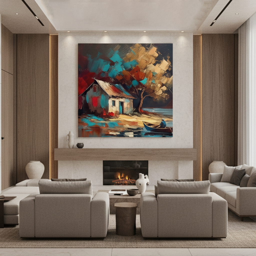 Bold Teal Red Cottage Boat Acrylic Art