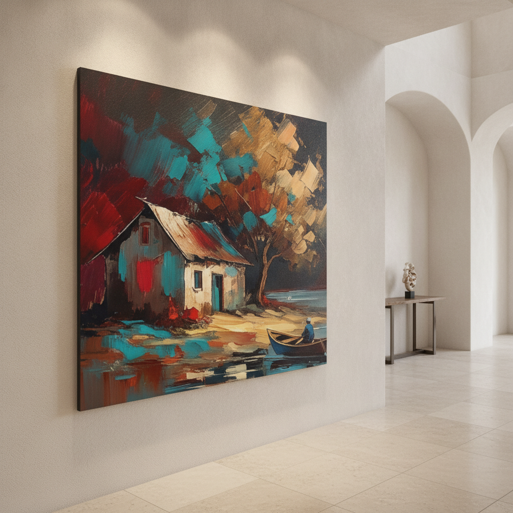 Bold Teal Red Cottage Boat Acrylic Art