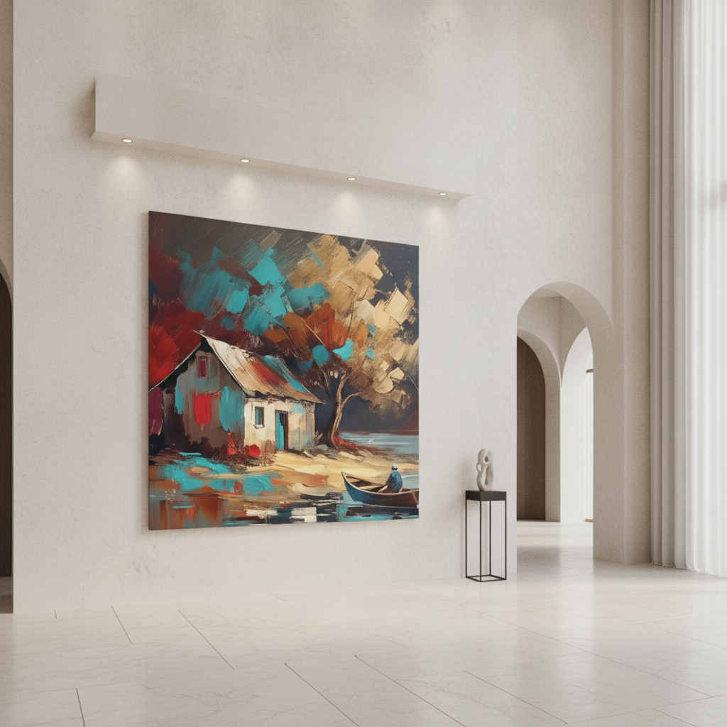 Bold Teal Red Cottage Boat Acrylic Art