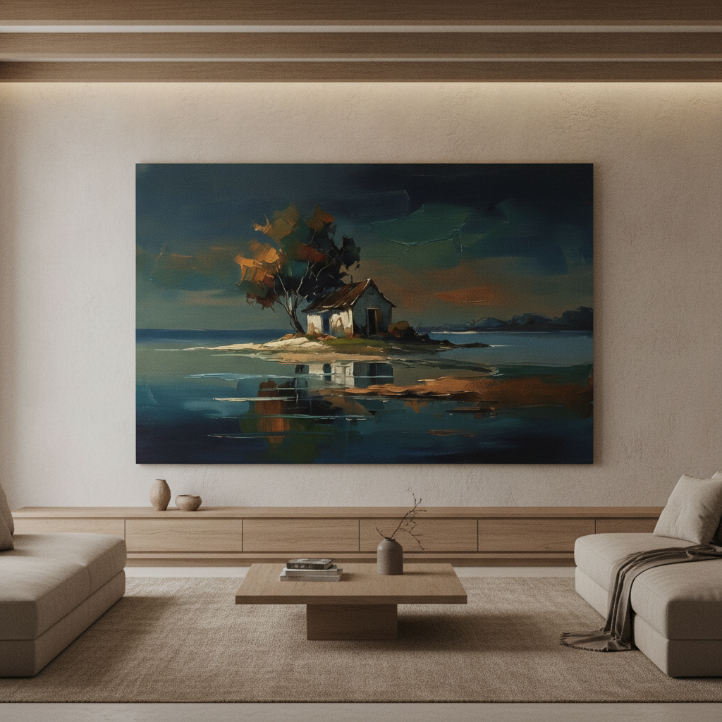 Island Cottage Blue Water Reflection Art