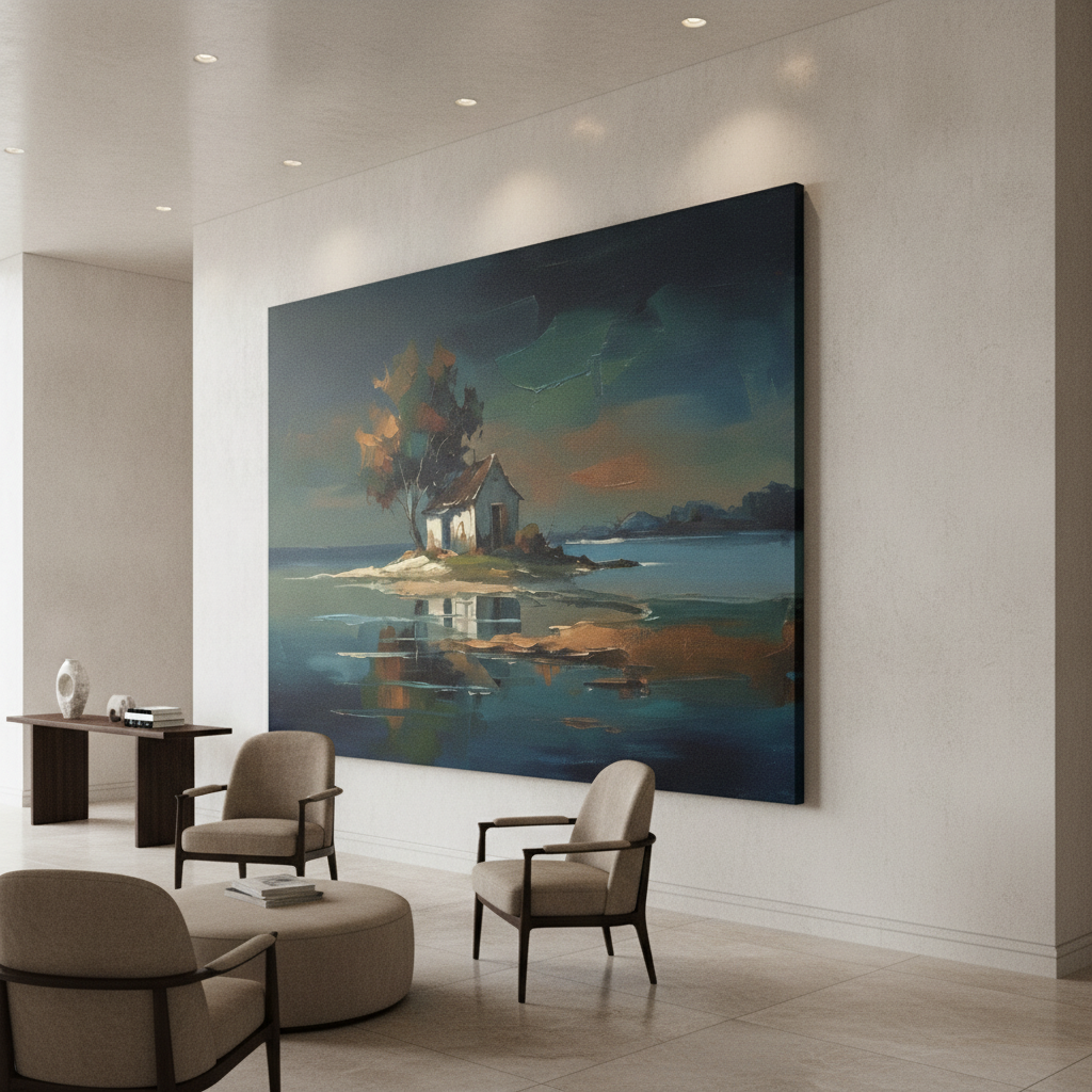 Island Cottage Blue Water Reflection Art
