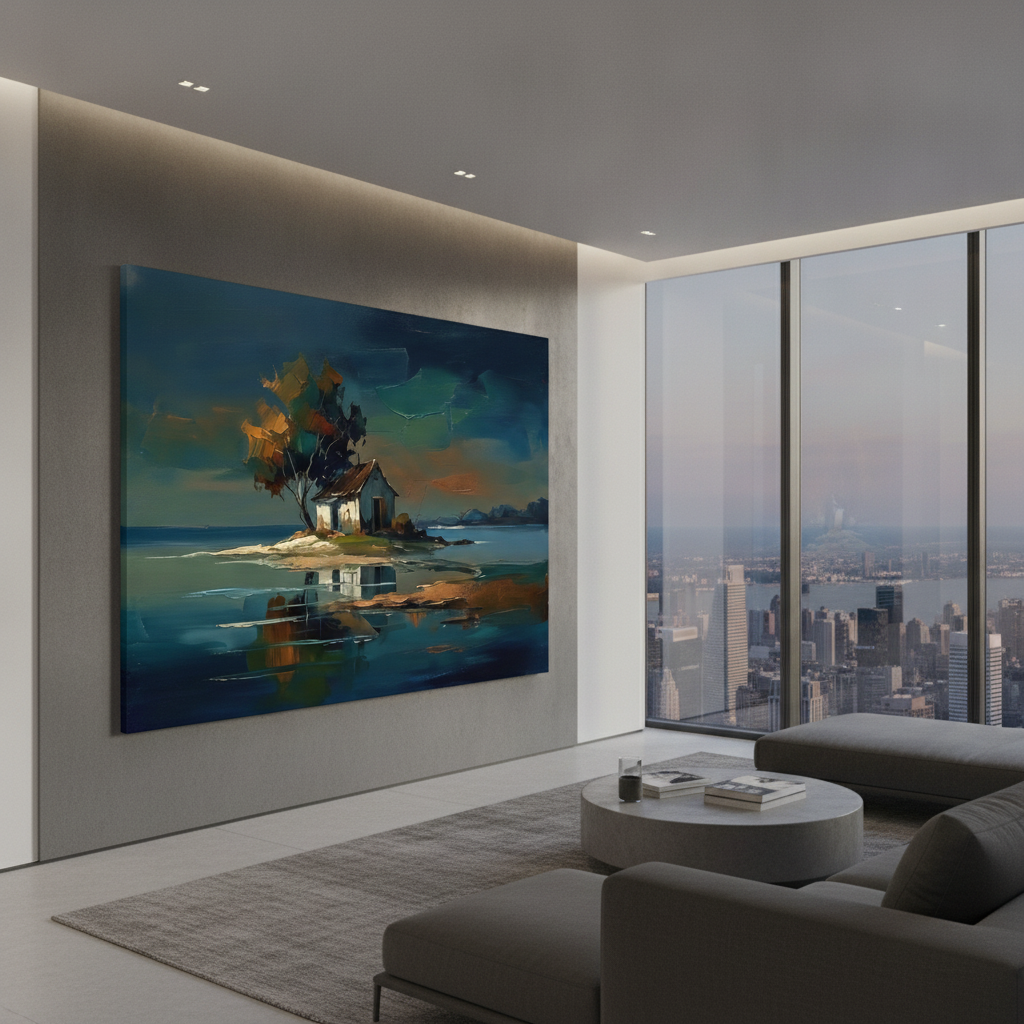 Island Cottage Blue Water Reflection Art