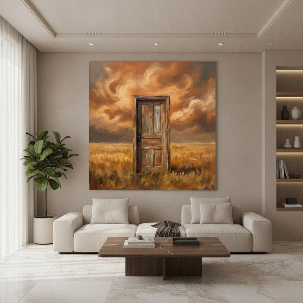 Surreal Door in Wheat Field Canvas Painting