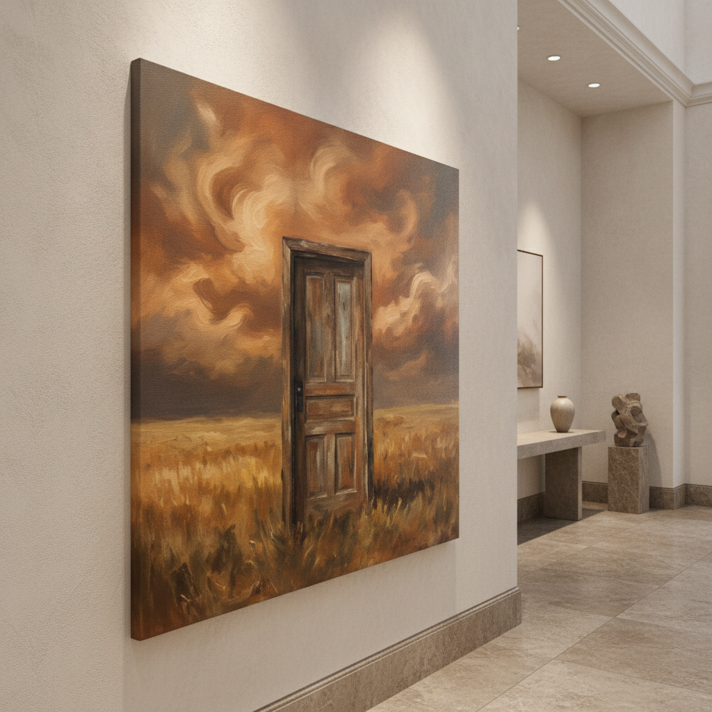 Surreal Door in Wheat Field Canvas Painting