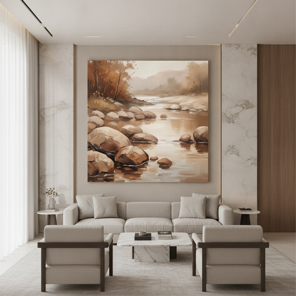 Autumn Rocky River Stream Painting