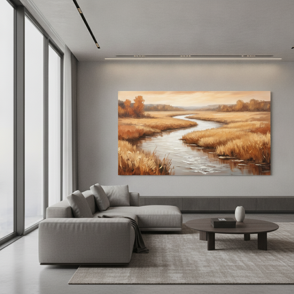 Autumn Golden Marsh River Landscape Canvas