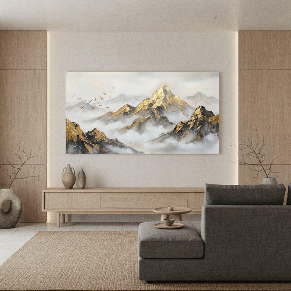 Gold Leaf Mountain Mist Birds Painting