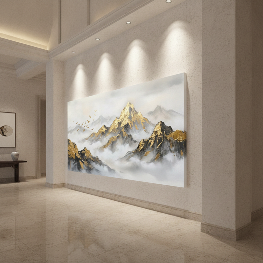 Gold Leaf Mountain Mist Birds Painting