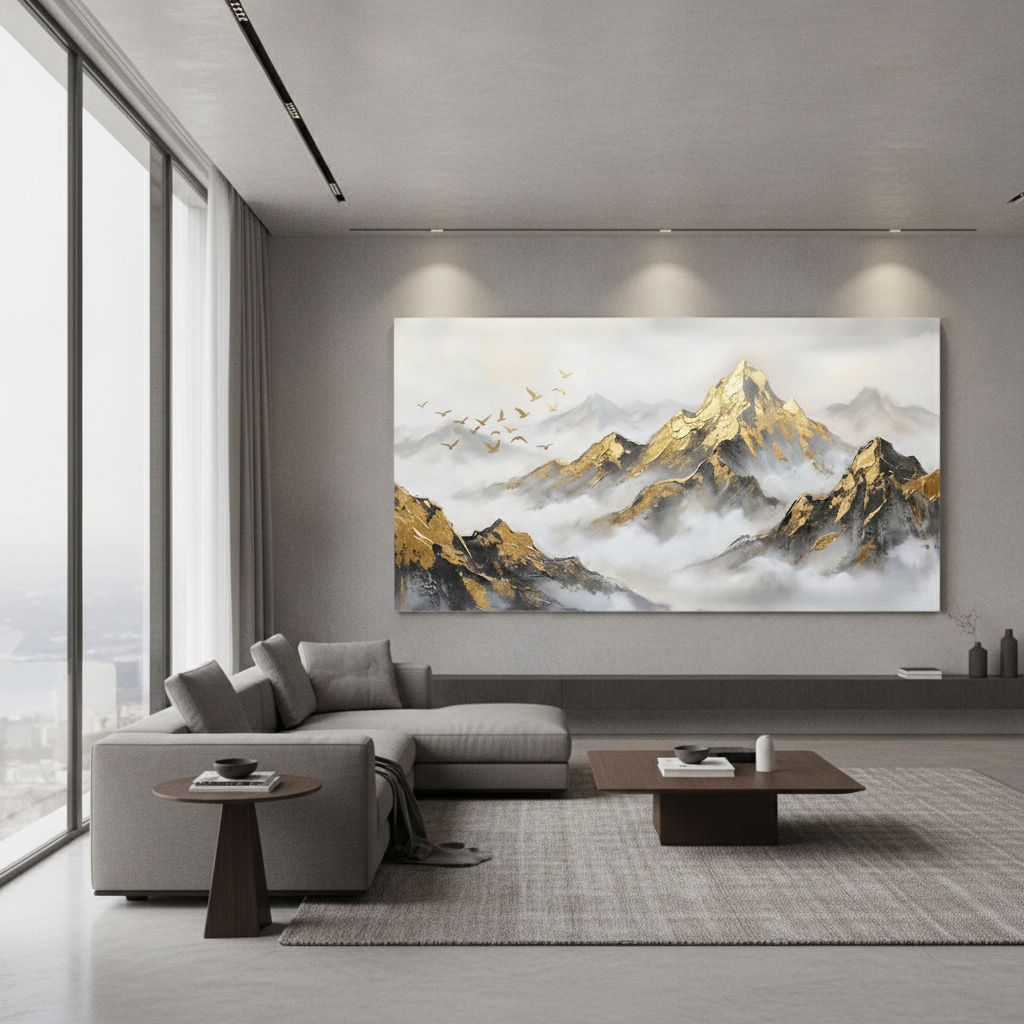 Gold Leaf Mountain Mist Birds Painting