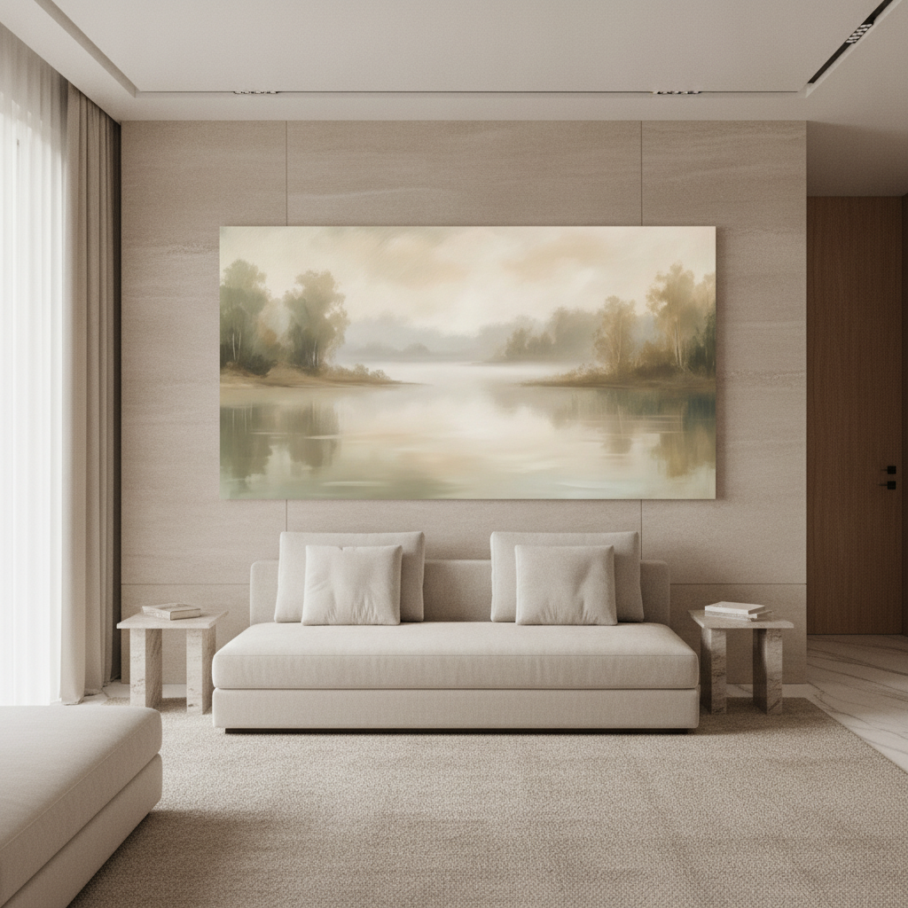 Soft Misty Lake Birch Tree Canvas Art