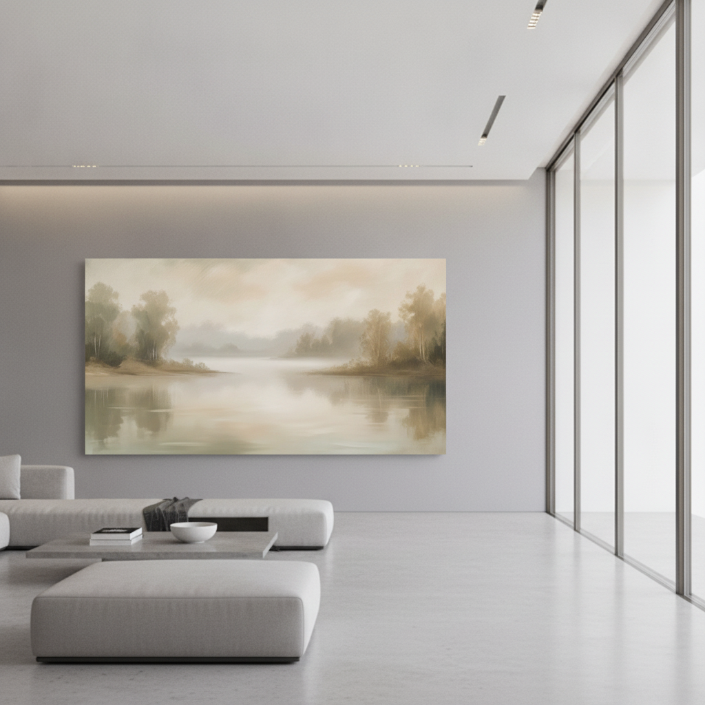 Soft Misty Lake Birch Tree Canvas Art