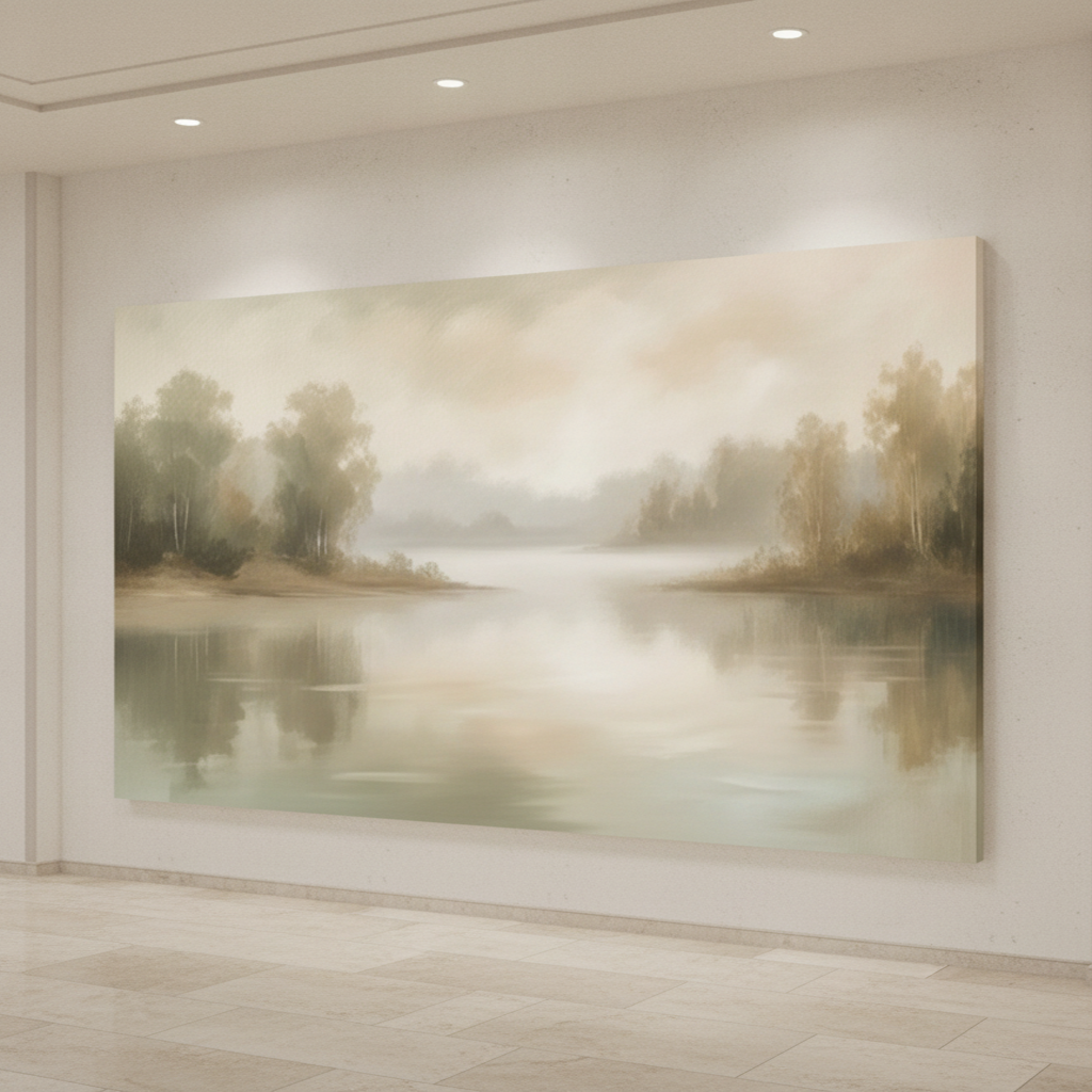 Soft Misty Lake Birch Tree Canvas Art