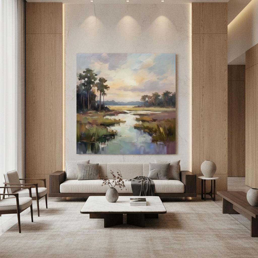 Wetland Marsh Tall Trees Sunset Painting