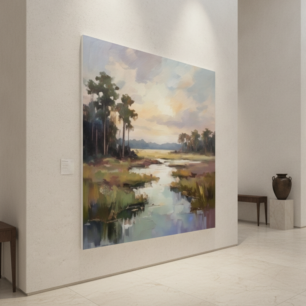 Wetland Marsh Tall Trees Sunset Painting