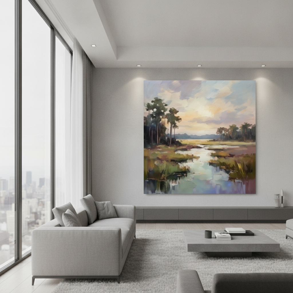 Wetland Marsh Tall Trees Sunset Painting