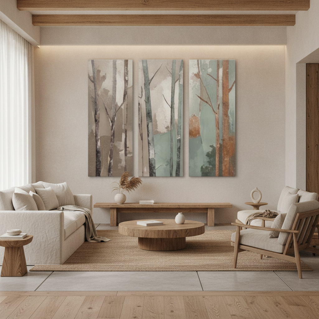 Birch Forest Triptych Muted Teal Painting