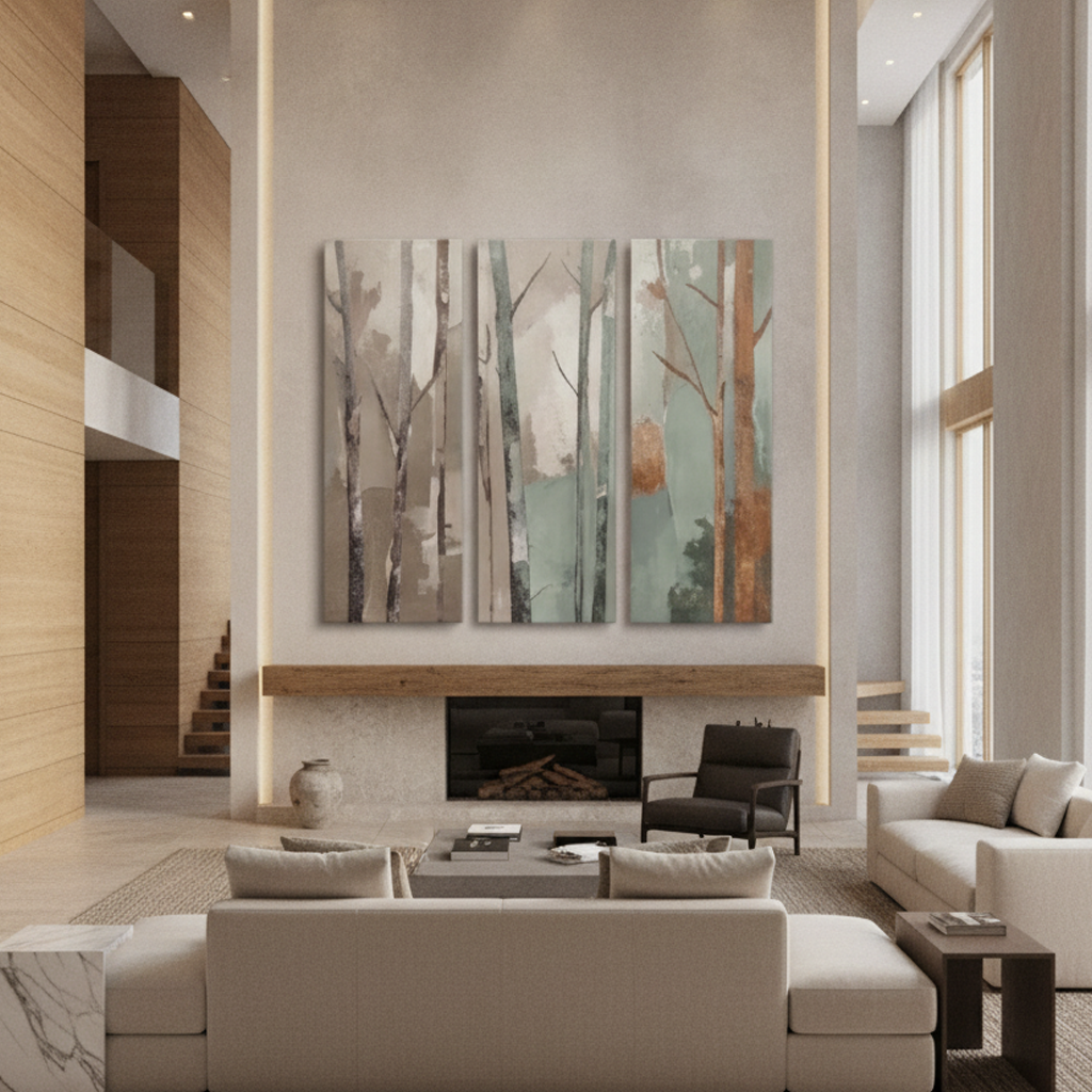 Birch Forest Triptych Muted Teal Painting