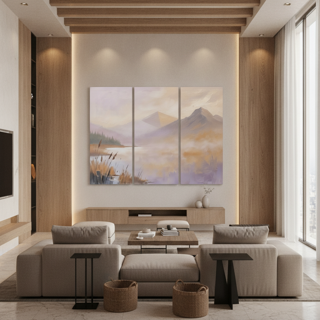 Pastel Lavender Mountain Lake Painting