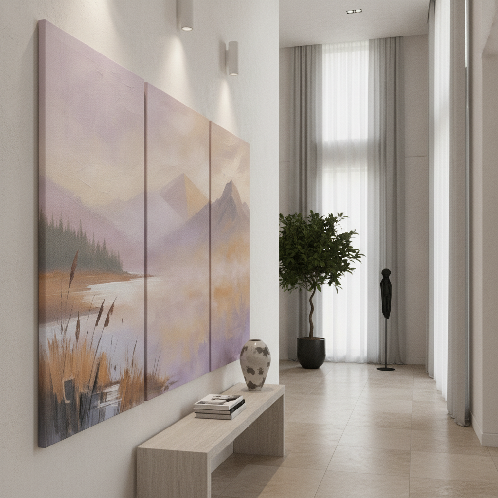 Pastel Lavender Mountain Lake Painting