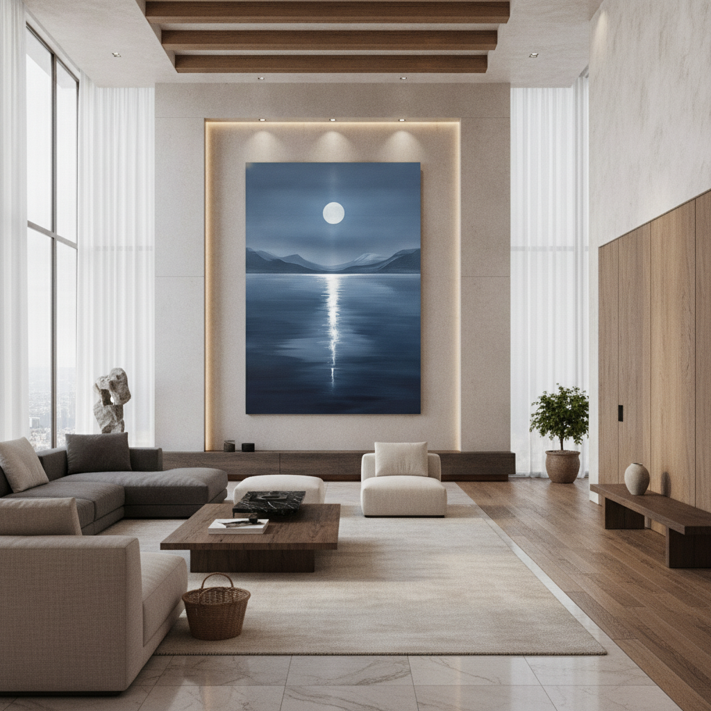 Full Moon Blue Lake Night Painting