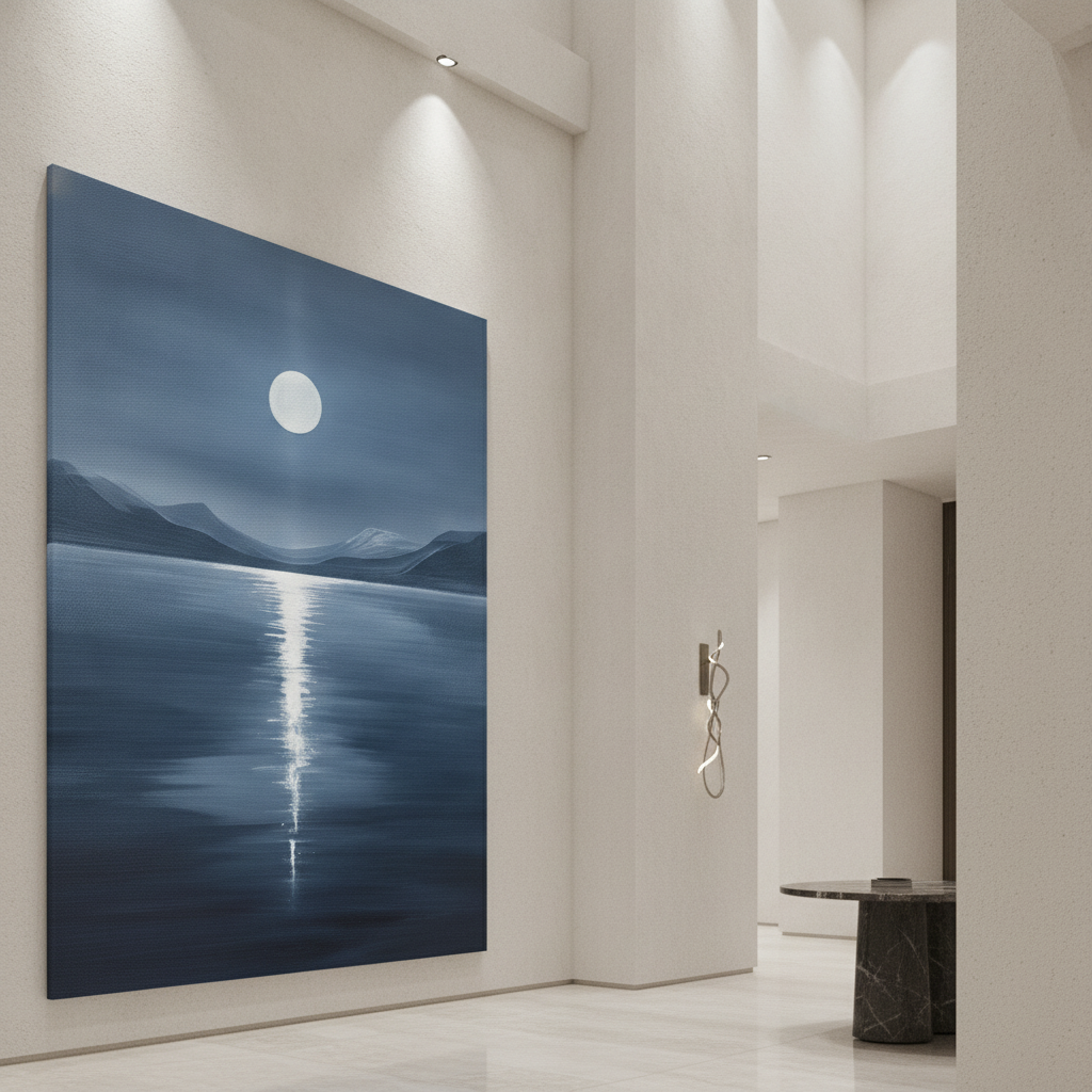 Full Moon Blue Lake Night Painting