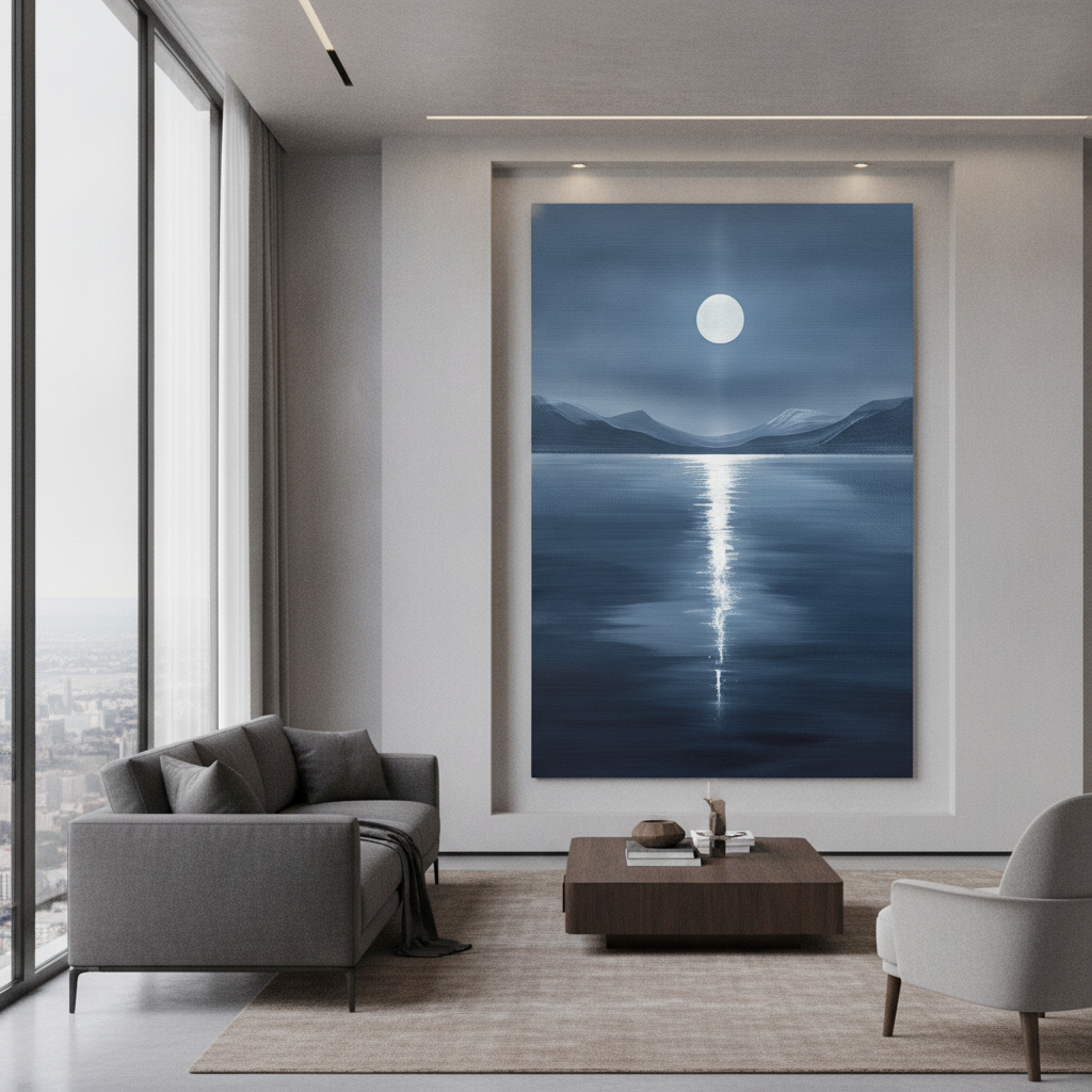 Full Moon Blue Lake Night Painting